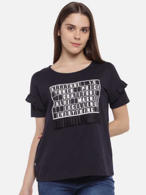 

SF JEANS by Pantaloons Women Navy Blue Printed Round Neck T-shirt