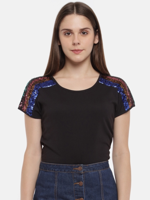 

SF JEANS by Pantaloons Women Black Solid Round Neck T-shirt