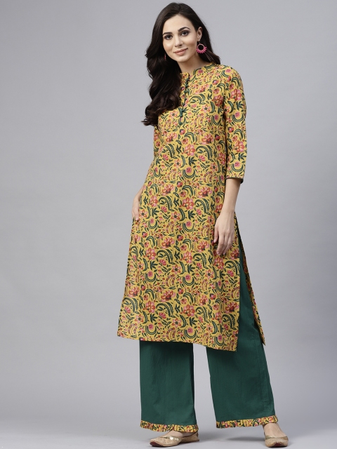 

AKS Women Mustard Yellow & Green Printed Kurta with Palazzos