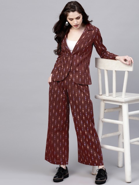 

AKS Women Maroon Ikat Print Blazer with Trousers