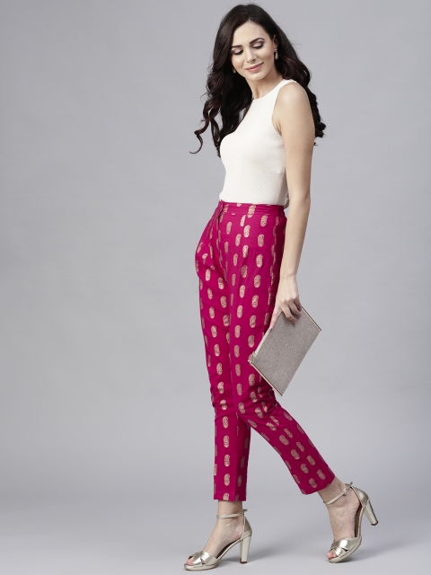 

AKS Women Magenta & Golden Printed Regular Fit Trousers