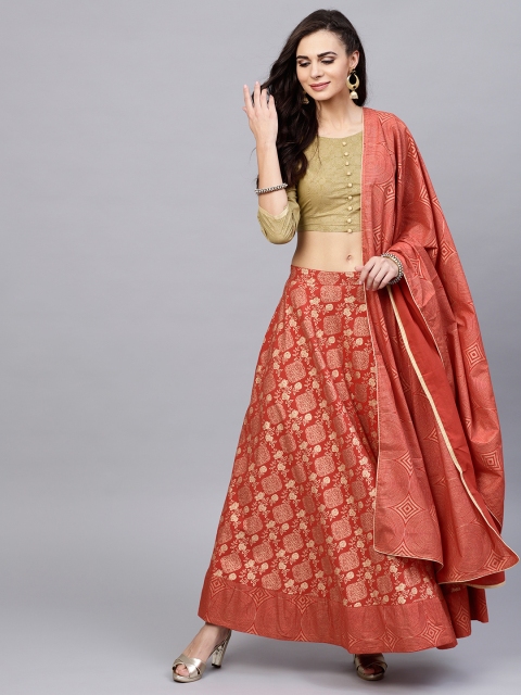 

AKS Rust Red & Green Khari Print Ready to Wear Lehenga & Choli with Dupatta