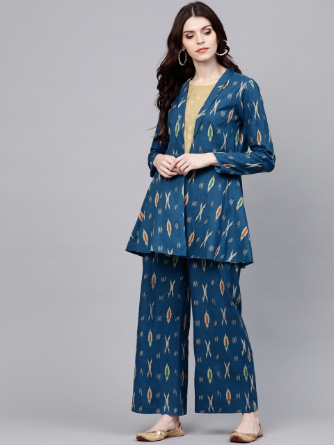 

AKS Women Teal Blue Ikat Print Open Front Longline Ethnic Jacket