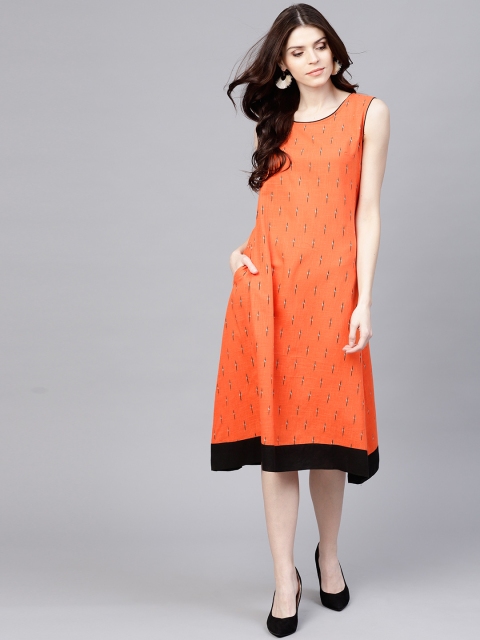 

AKS Women Orange & Black Printed A-Line Dress