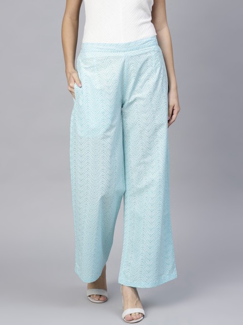 

AKS Women Blue & White Printed Wide Leg Palazzos