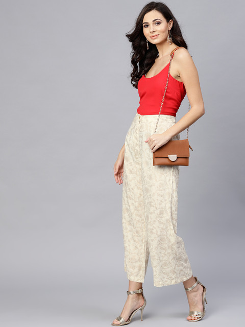 

AKS Women Off-White & Golden Printed Wide Leg Palazzos