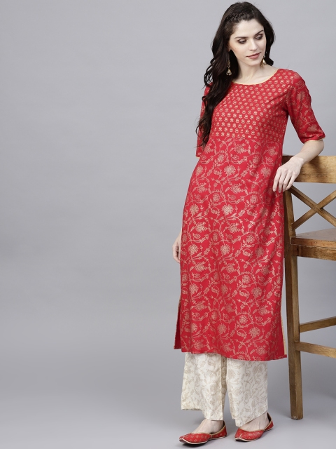 

AKS Women Red & Golden Khari Print Straight Kurta