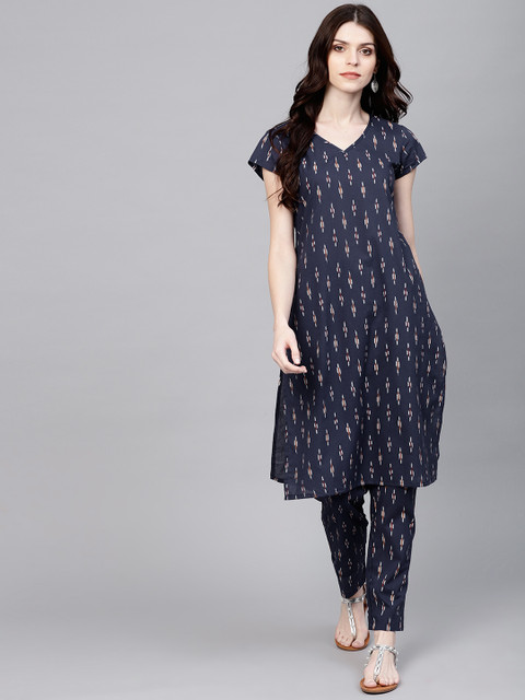

AKS Women Navy Blue & White Ikat Print Kurta with Trousers