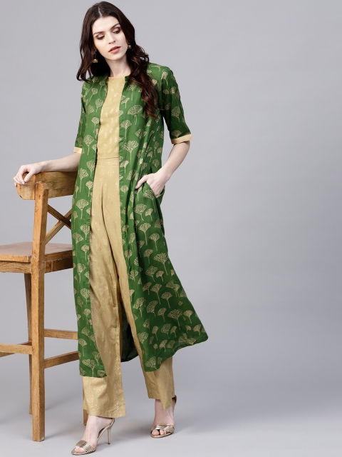 

AKS Women Green & Golden Printed Longline Open Front Ethnic Jacket