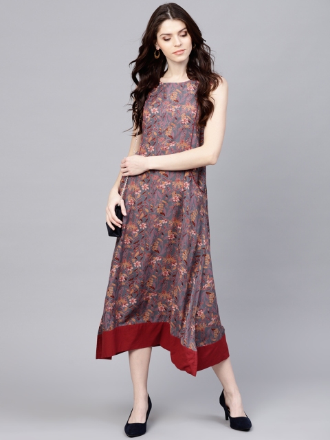 

AKS Women Grey & Maroon Printed A-Line Dress