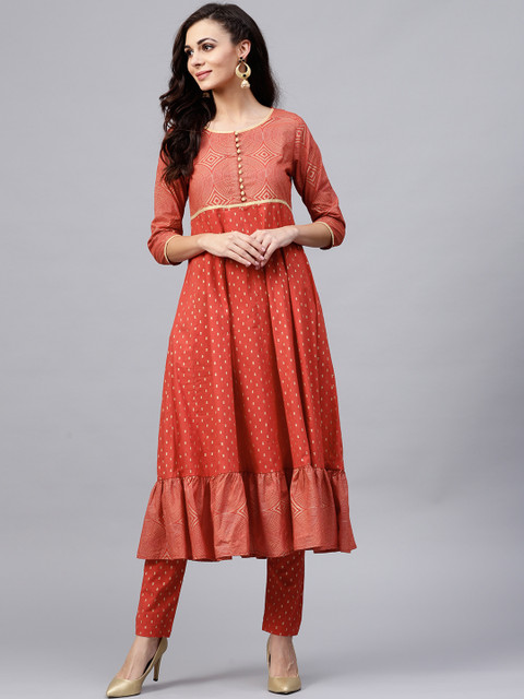 

AKS Women Rust Orange & Golden Printed A-Line Kurta