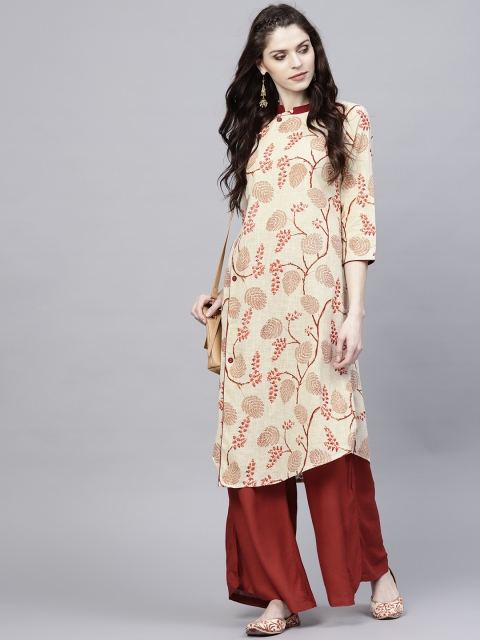 

AKS Women Beige & Maroon Printed Angrakha Straight Kurta