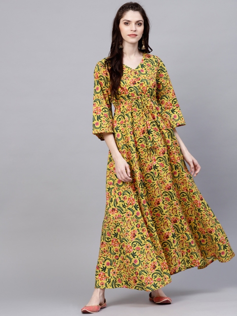 

AKS Women Mustard Yellow & Green Printed A-Line Kurta
