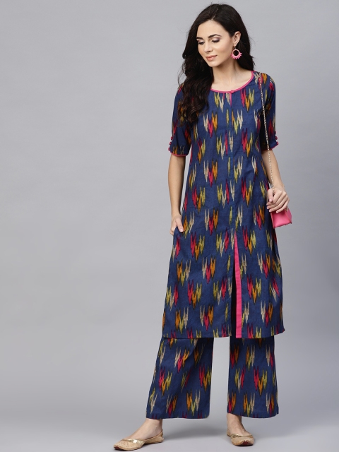 

AKS Women Navy Blue & Pink Ikat Print Kurta with Palazzos