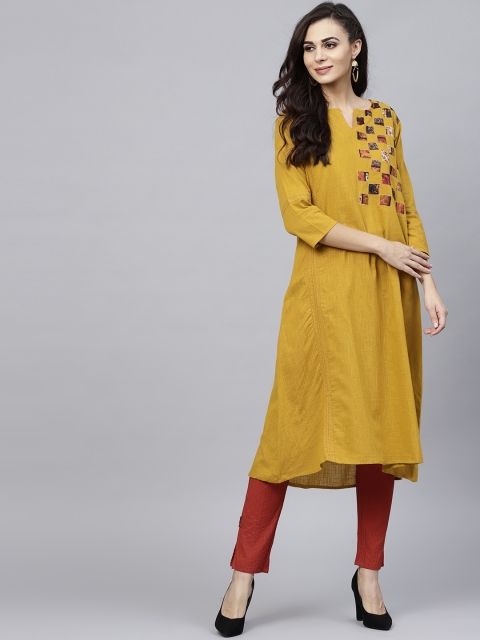

AKS Women Mustard Yellow Yoke Design A-Line Kurta