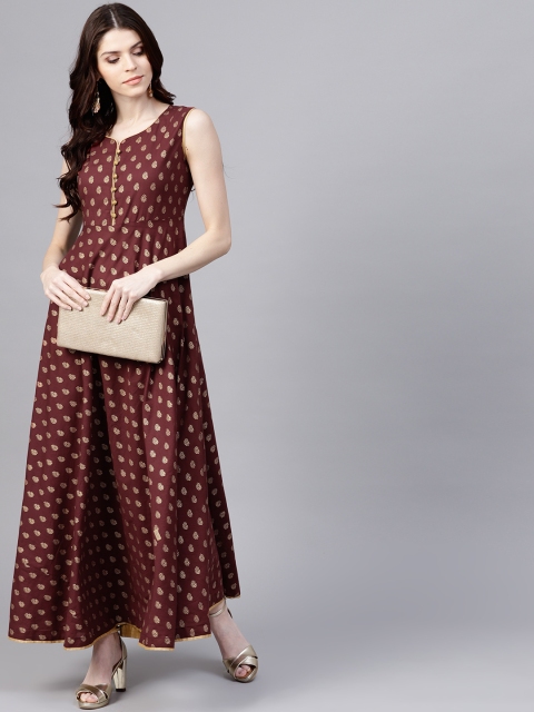 

AKS Women Maroon & Golden Printed Maxi Dress
