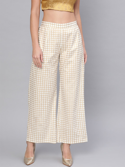 

AKS Women White & Gold-Toned Checked Straight Palazzos
