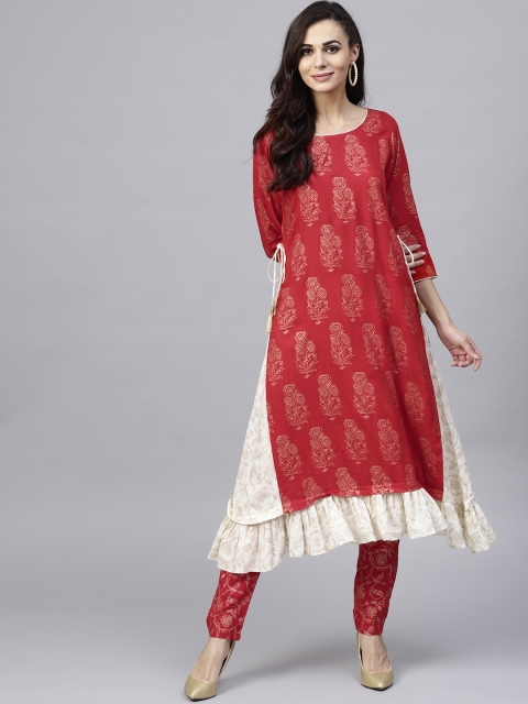 

AKS Women Red & Off-White Printed A-Line Layered Kurta