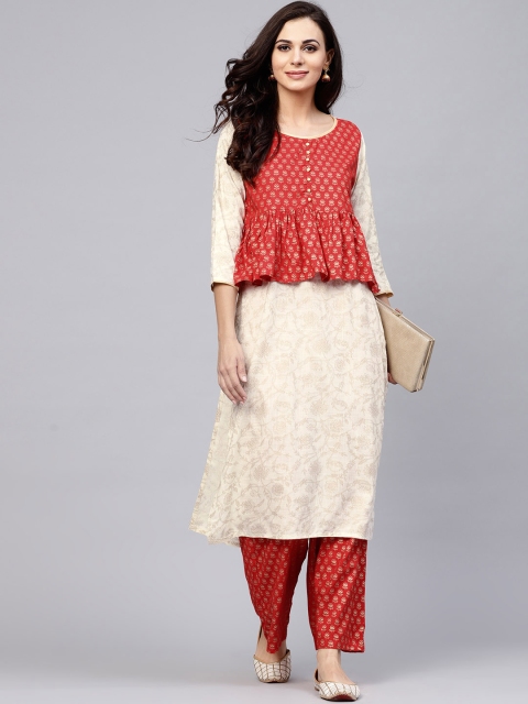 

AKS Women Off-White & Red Printed Layered Kurta