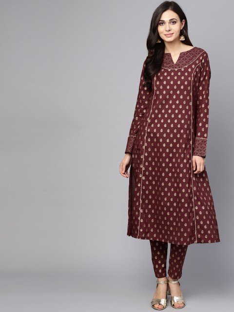 

AKS Women Burgundy & Golden Printed A-Line Kurta