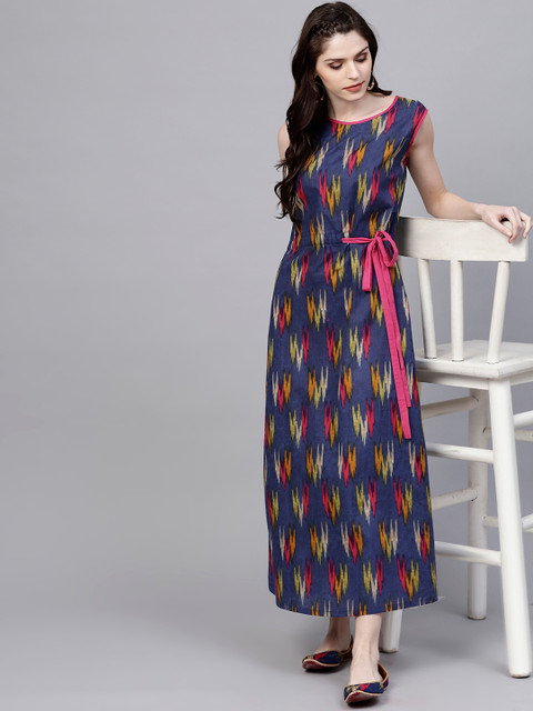 

AKS Women Navy Blue & Pink Ikkat Print Maxi Dress