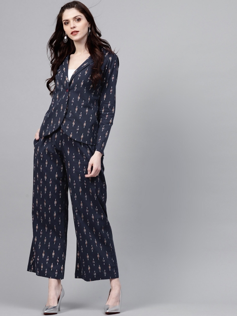

AKS Women Navy Blue & White Ikat Print Blazer with Trousers