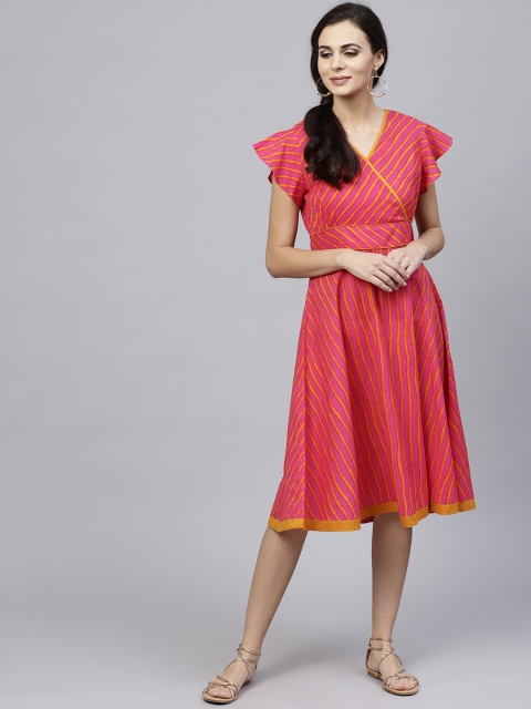 

AKS Women Magenta Leheriya Print Midi Empire Dress