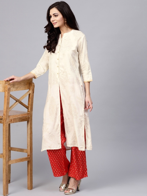 

AKS Women Off-White & Golden Printed Straight Kurta