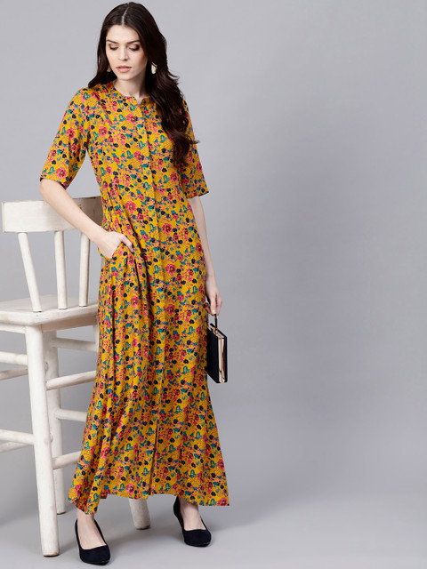 

AKS Women Mustard Yellow & Pink Printed Maxi Dress