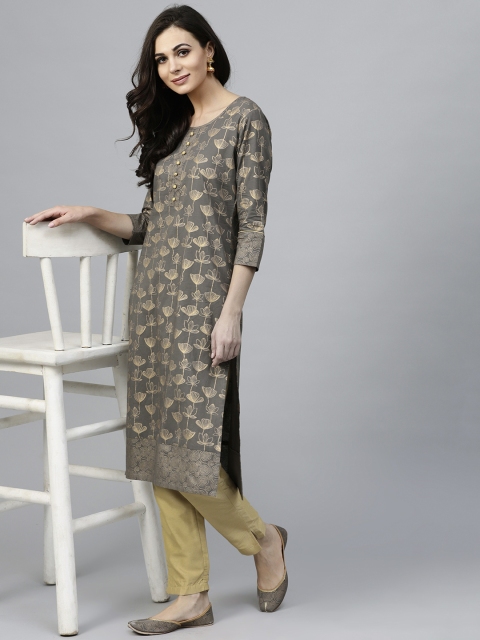 

AKS Women Grey & Golden Printed Straight Kurta