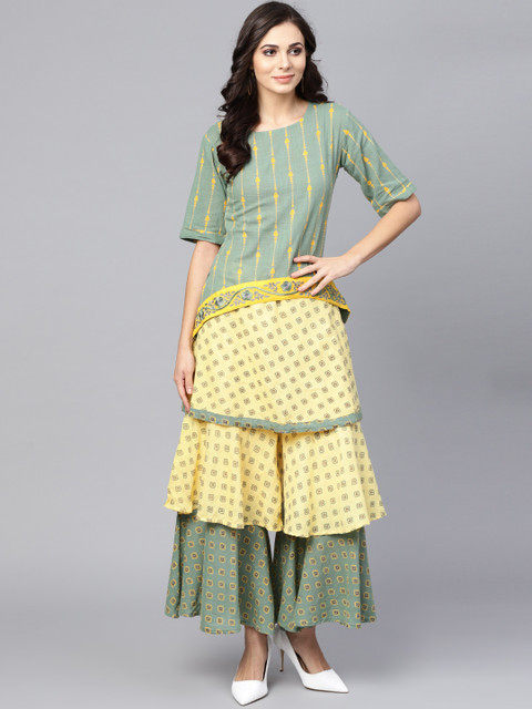 

Ishin Women Green & Yellow Printed Kurti with Palazzos
