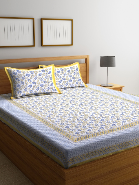 

Rajasthan Decor White & Blue Floral Flat 180 TC Cotton 1 King Bedsheet with 2 Pillow Covers