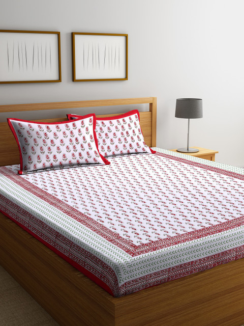 

Rajasthan Decor White & Red Floral Flat 180 TC Cotton 1 King Bedsheet with 2 Pillow Covers
