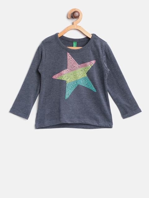 

United Colors of Benetton Girls Navy Star Print Round Neck T-shirt, Navy blue