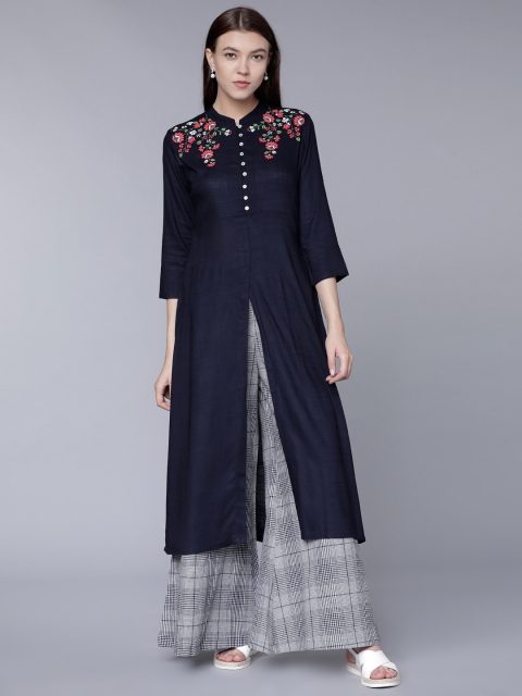 

Vishudh Women Navy Blue & Grey Solid Kurta with Palazzos