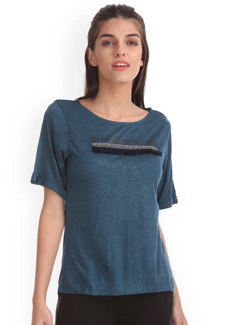 

Elle Women Teal Blue Solid Boat Neck T-shirt