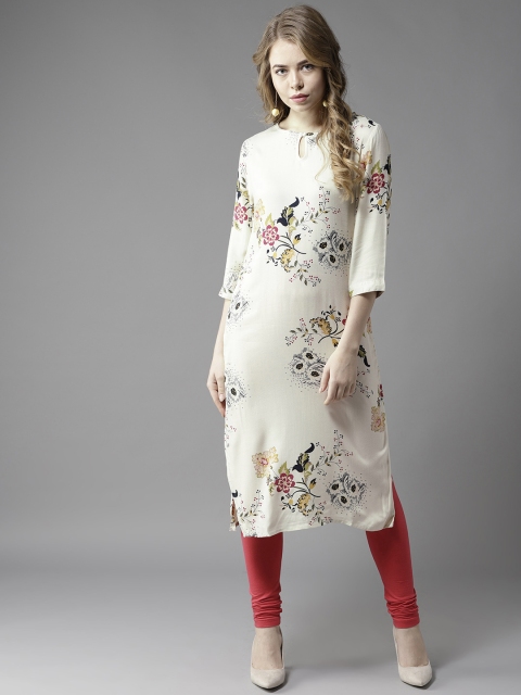 

HERE&NOW Women Off-White & Pink Floral Print Straight Kurta