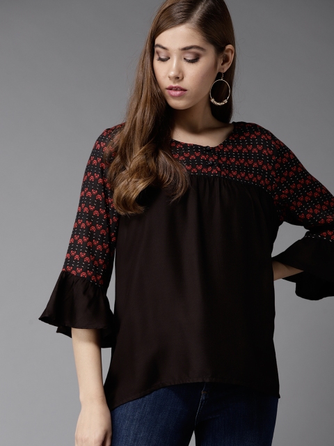 

HERE&NOW Women Black Printed Detail A-Line Top