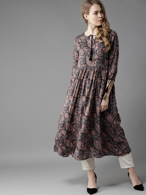 

HERE&NOW Women Grey & Black Printed A-Line Kurta