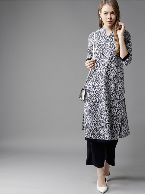 

HERE&NOW Women White & Navy Blue Printed Straight Kurta
