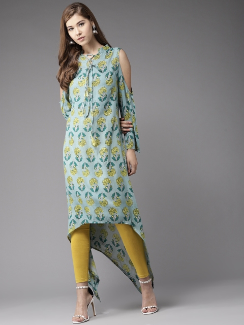 

HERE&NOW Women Blue & Lime Green Printed Cold-Shoulder Asymmetric A-Line Kurta