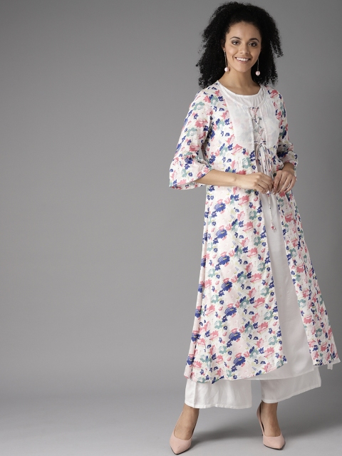 

HERE&NOW Women White & Blue Floral Print Layered A-Line Kurta