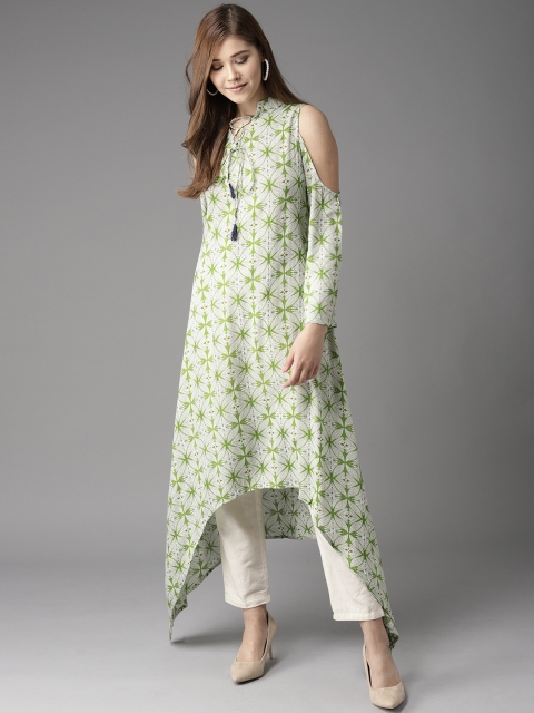

HERE&NOW Women Green & White Printed Cold-Shoulder Asymmetrical Hem A-Line Kurta