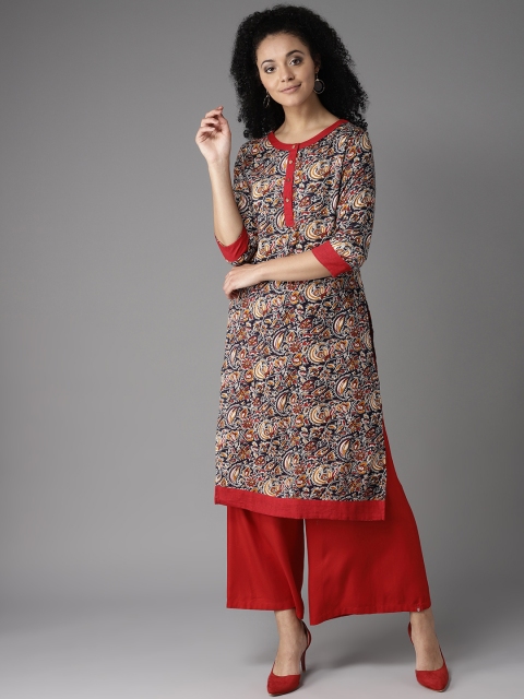 

HERE&NOW Women Navy Blue & Red Printed Straight Kurta