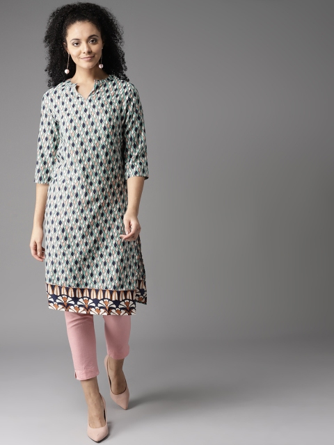 

HERE&NOW Women Beige & Navy Blue Printed Straight Kurta