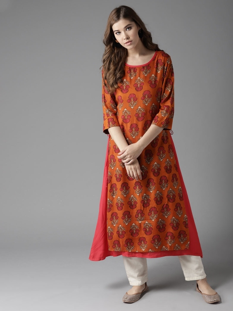 

HERE&NOW Women Orange & Red Printed A-Line Kurta