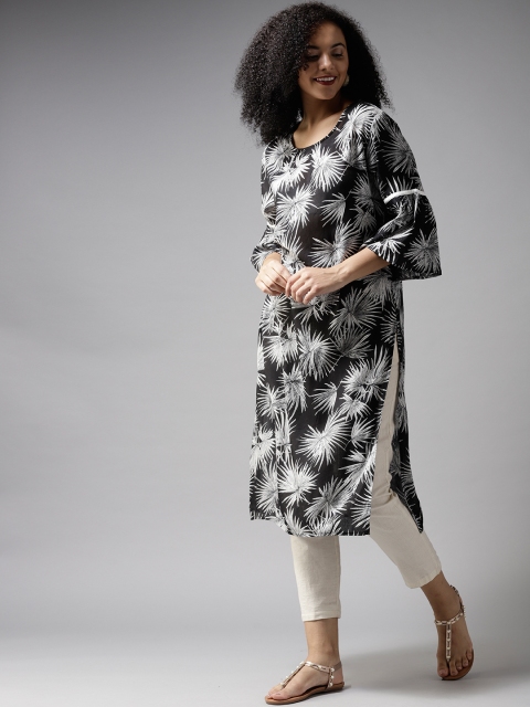 

HERE&NOW Women Black & White Printed Straight Kurta