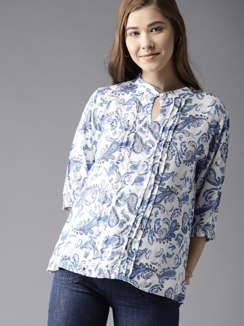 

HERE&NOW Women White & Blue Printed Top