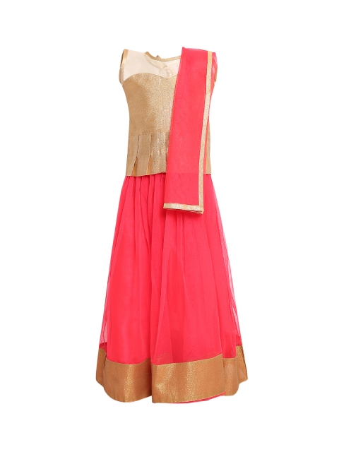 

Aarika Girls Red & Gold-Coloured Solid Ready to Wear Pattu Pavadai with Dupatta