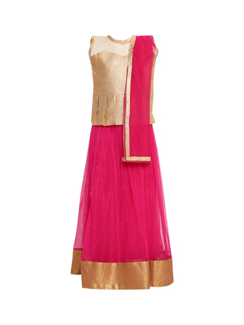 

Aarika Girls Pink & Gold-Toned Solid Ready to Wear Lehenga & Blouse with Dupatta